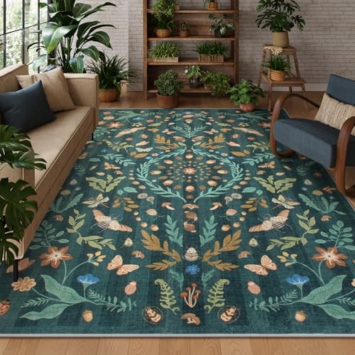  Insect Botanical Washable 8x10 Area Rugs for Living Room, Non Slip Green Rug 