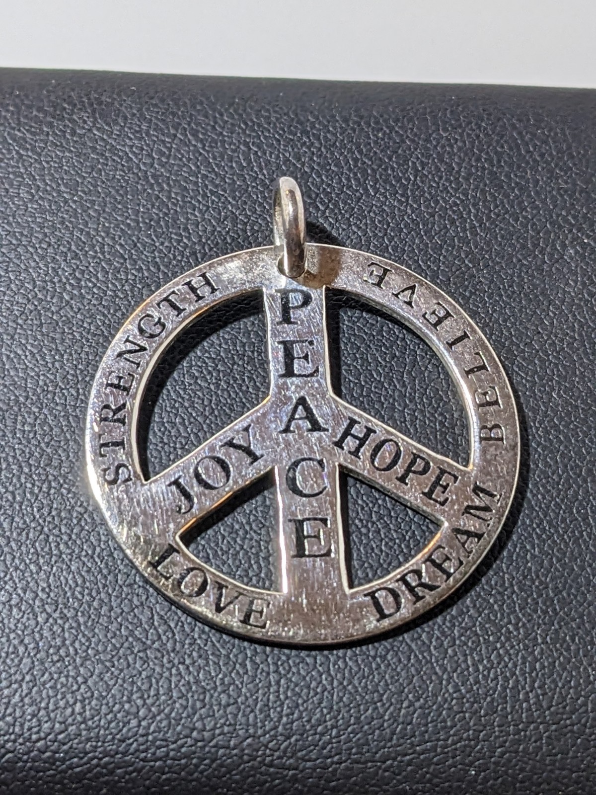 Vintage JJT Sterling Silver Peace Symbol Pendant Inspirational Words 925 (A-2)