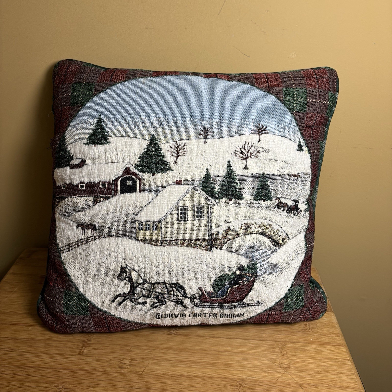 Gurvic Carter Brown Winter Tapestry Throw Pillow Horse Sleigh Snow Scene 16”