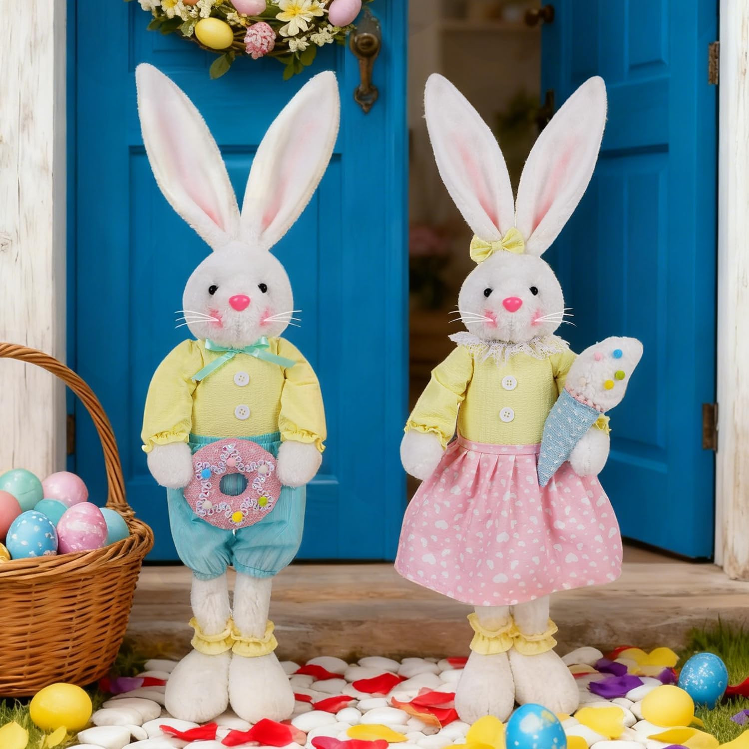 2 Pack Easter Decorations Standing Bunny with Stretchable Legs, 21" to 26" White
