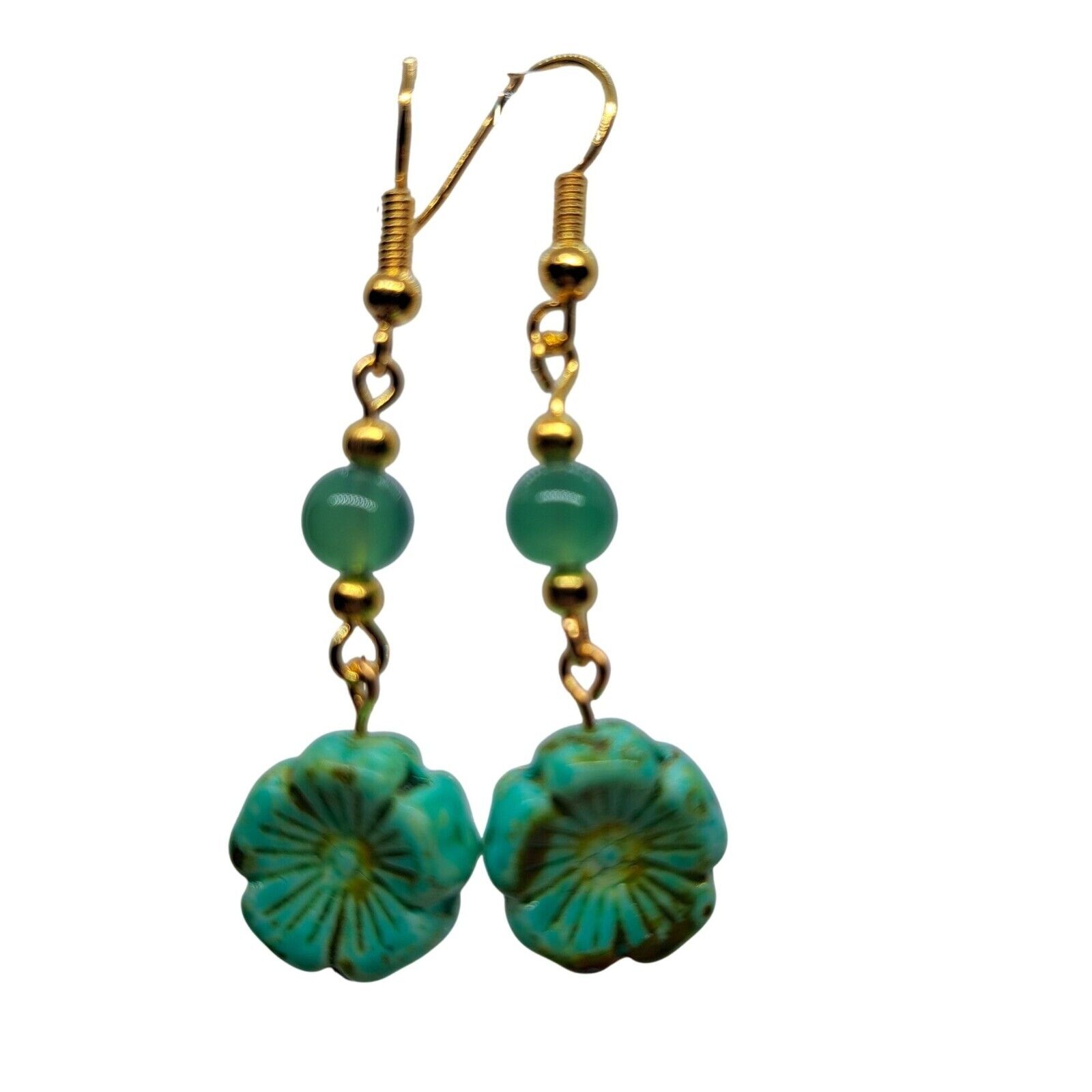 Czech glass earrings glass flower dyed quartzite gold tone