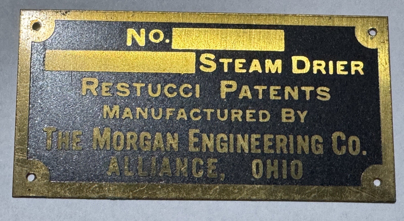 Vintage Morgan Engineering Co Steam Drier Brass Plate  NOS