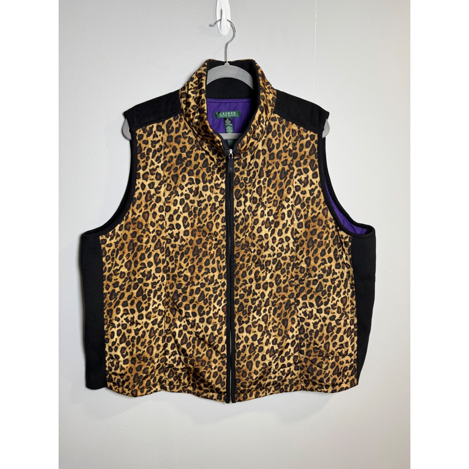 Lauren Ralph Lauren Leopard Print Quilted Puffer Vest Womens 3X Plus Brown Black