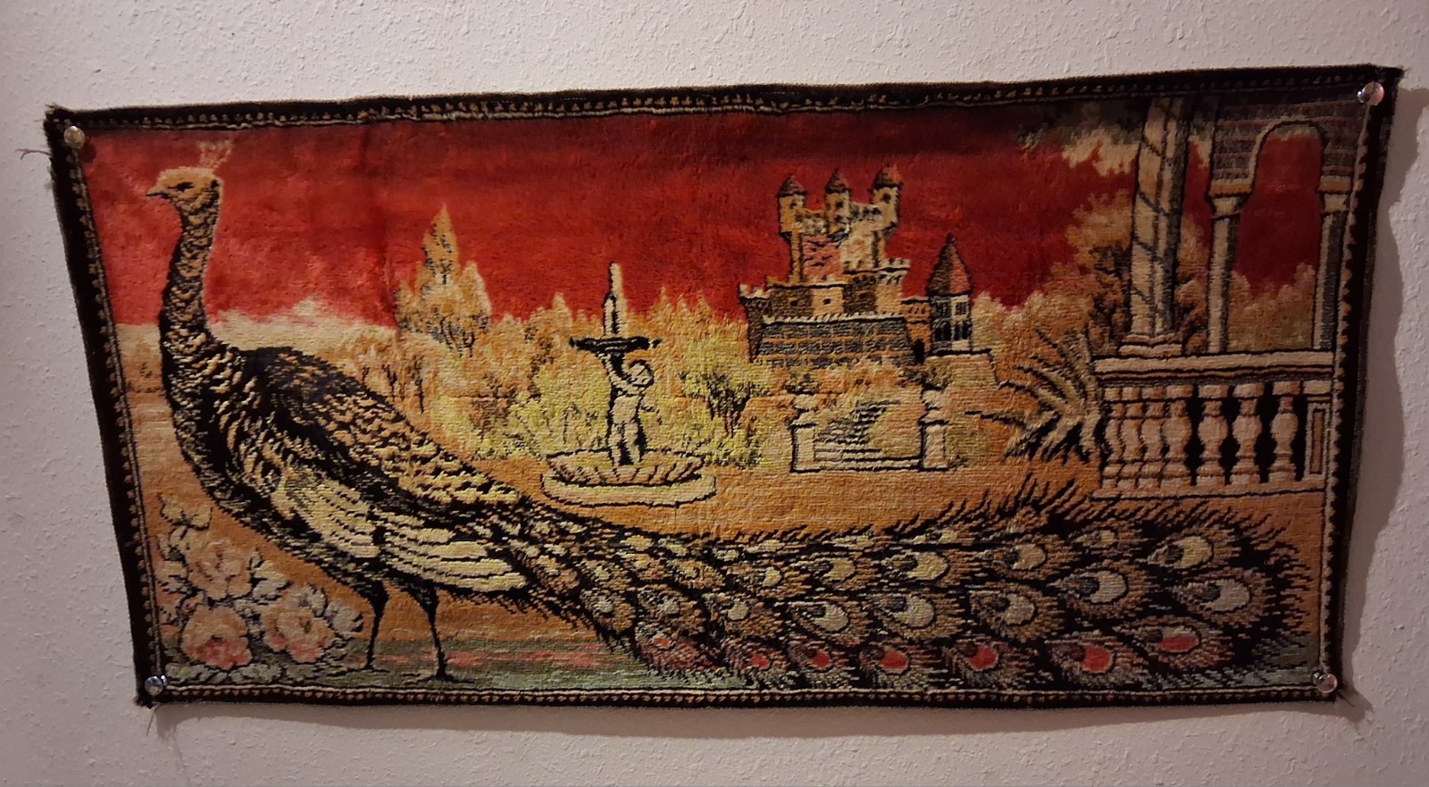 Vintage 1970s Velvet Peacock Tapestry