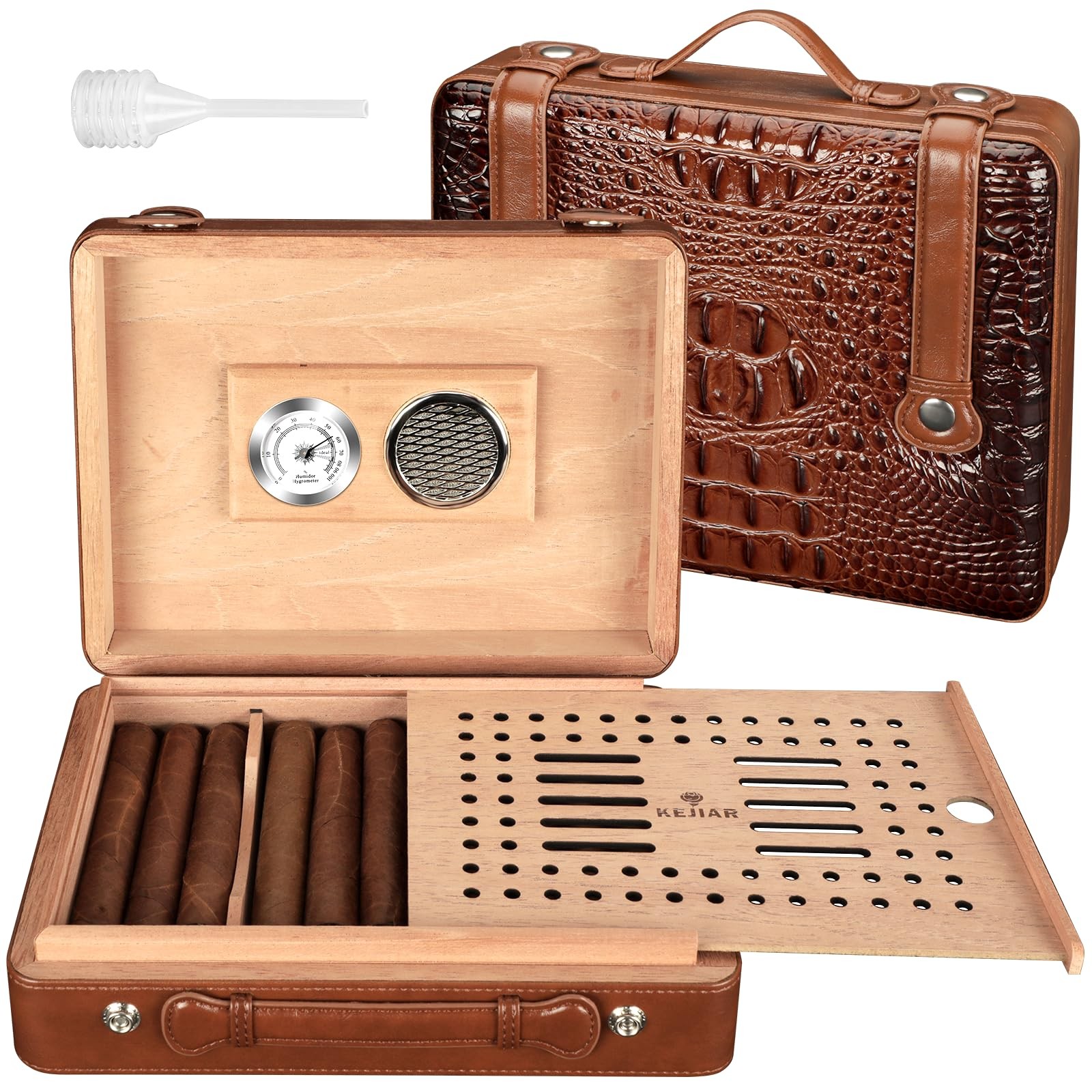KEJIAR Leather Cedar Wood Cigar Humidor Case, Hygrometer, Travel Cigar Box