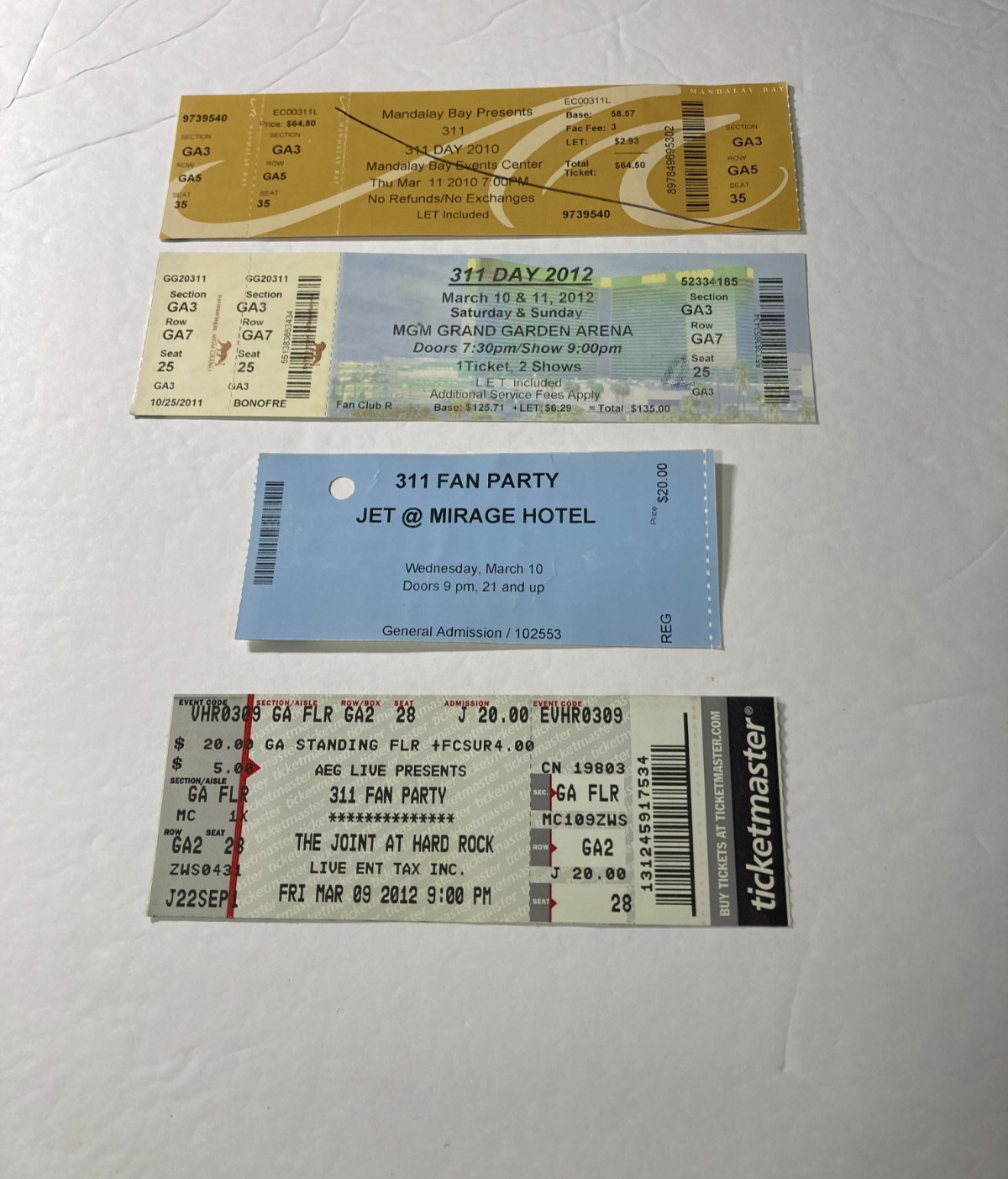 311 Day 2010 & 2012 Concert Ticket Stubs Las Vegas, MGM Grand, Mandalay Bay