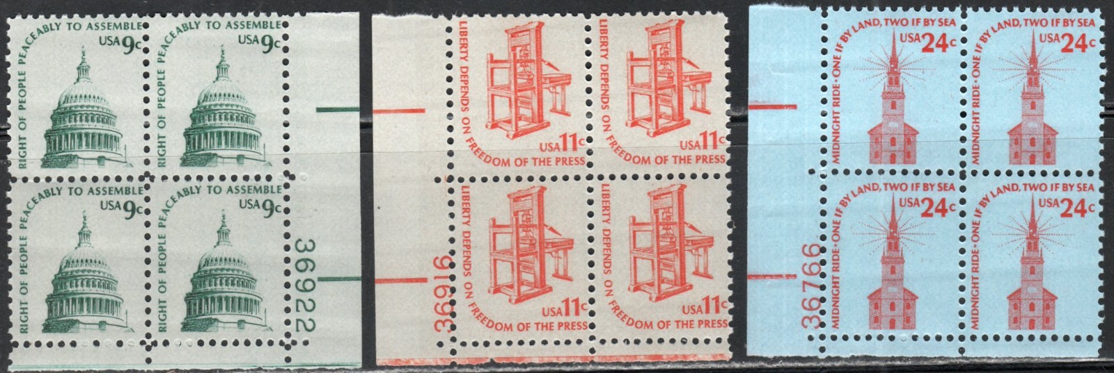 US Scott #1591, 1593 & 1603, Plate blocks of 4, MNH