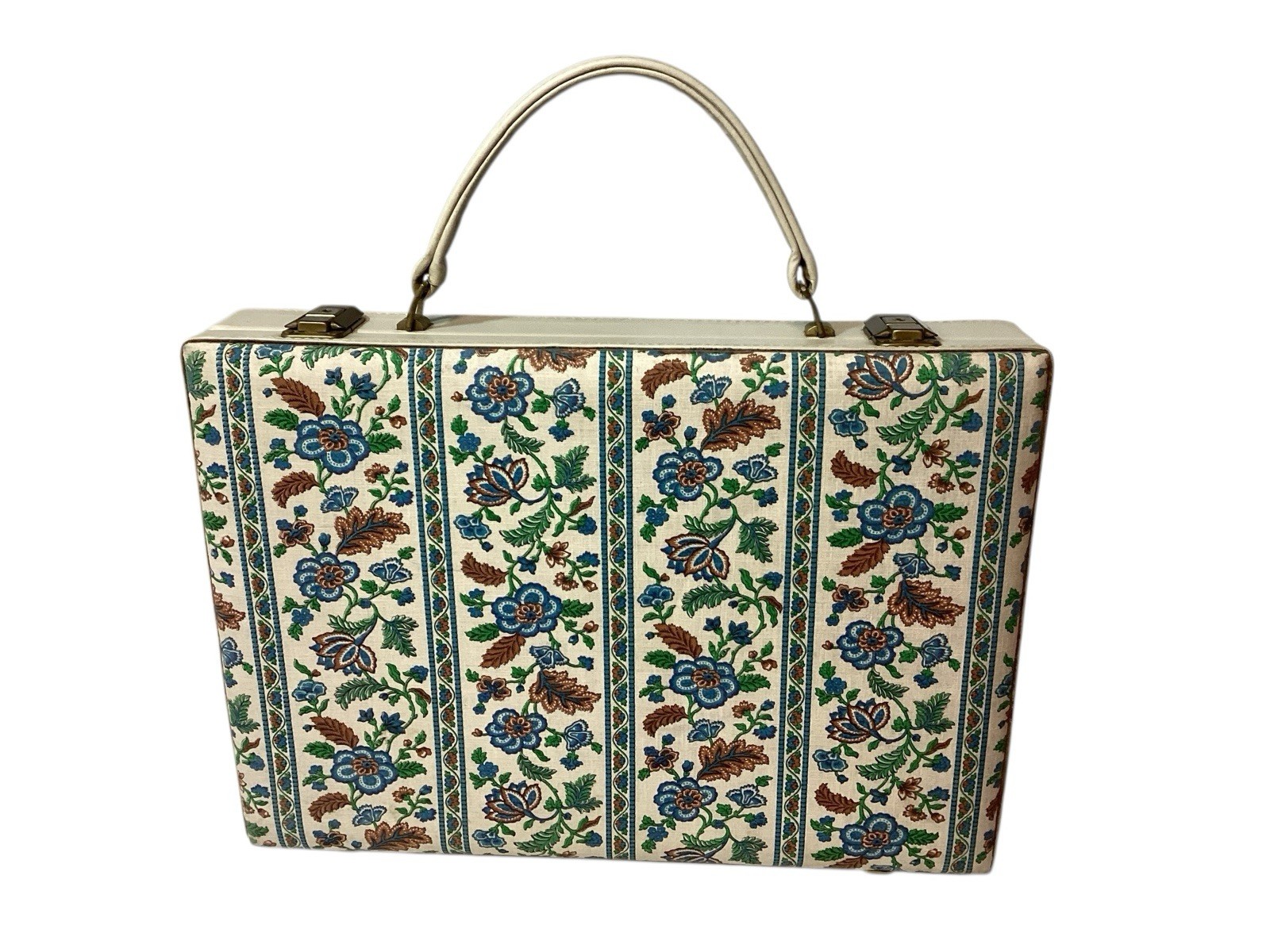 VTG MCM Small Suitcase Briefcase Travel Bag W/ Key Retro Mod Botanical Print EUC