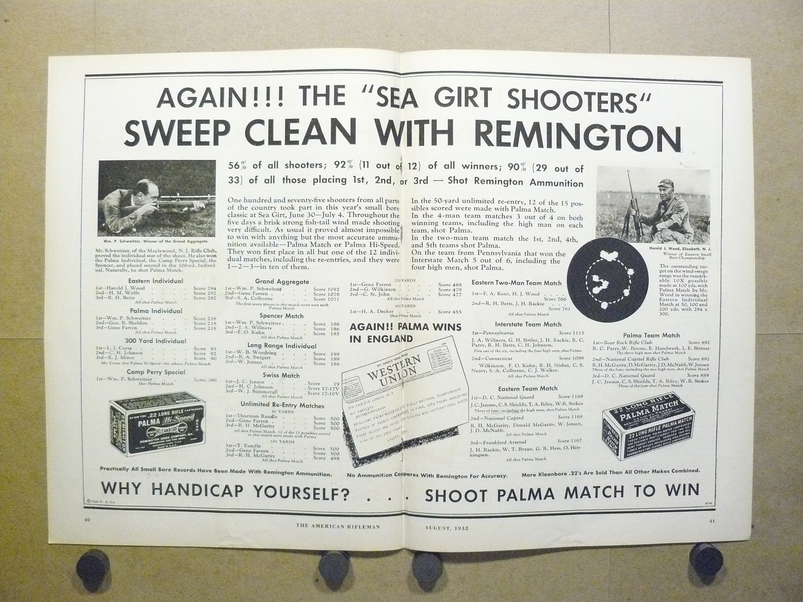 1932 Remington Ammunition Palma Hi-Speed Kleanbore 22 LR Vintage Print Ad