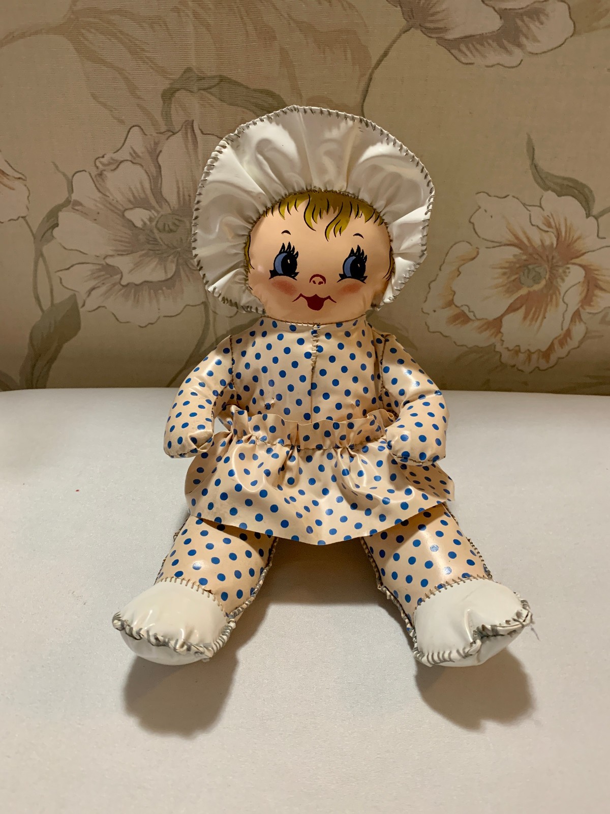 Vintage Hand Stitched Oilcloth Vinyl 11" Doll Hand Painted Face Polka Dot Outfit