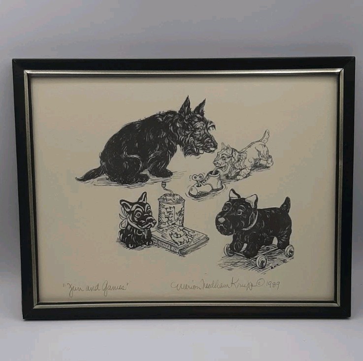 Vintage Ink on Paper of Silly Scottish Terrier Dogs in a Frame OOAK 1989 Signed