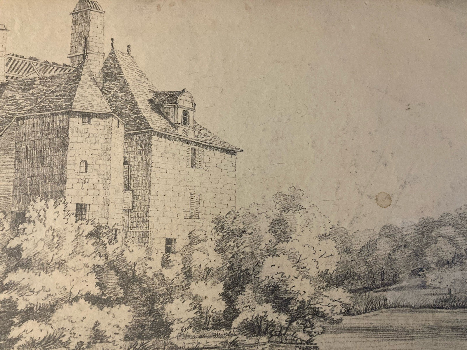 Grand Dessin XIXe 1850 crayon Paysage Maison Arbre Forêt Ancien A Identifier Art