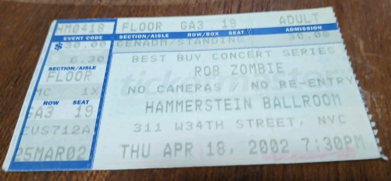 Rob Zombie Hammerstein Ballroom Concert Ticket Stub April 18th 2002