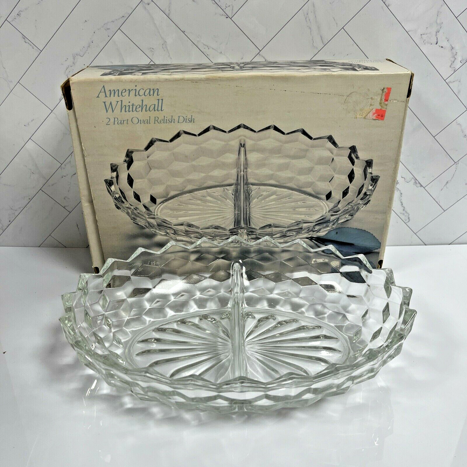 Vintage American Whitehall Divided Oval Relish Dish 7"x10" Crystal Glass Made US
