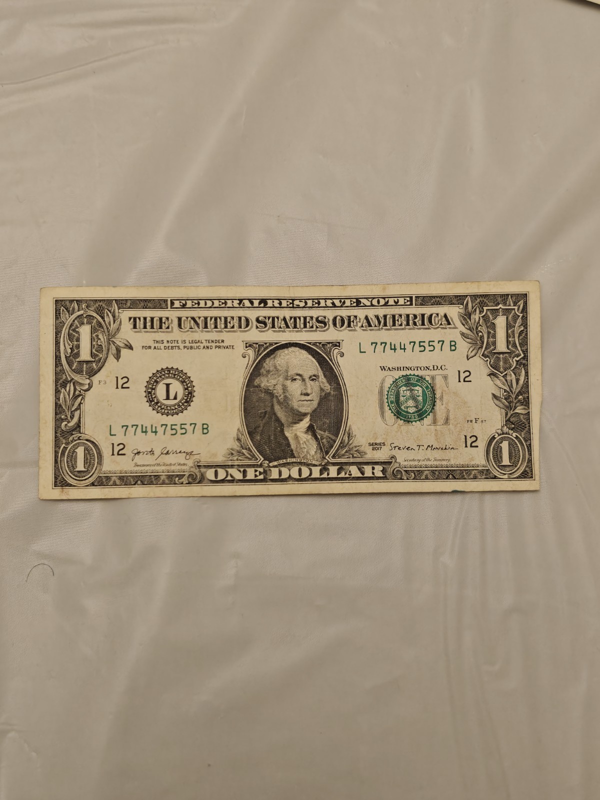 US $1 Banknote Federal Reserve 3 double numbers L77447557B 