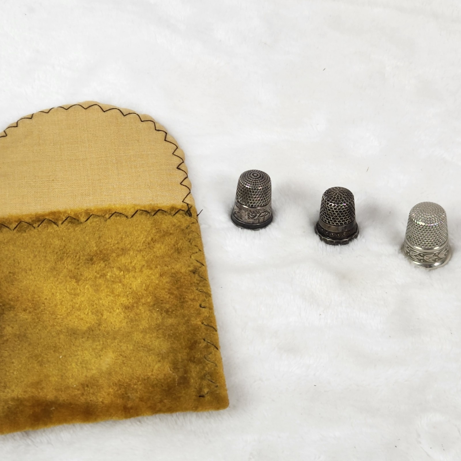 3 Antique Silver Thimbles With Vintage Homemade Case.