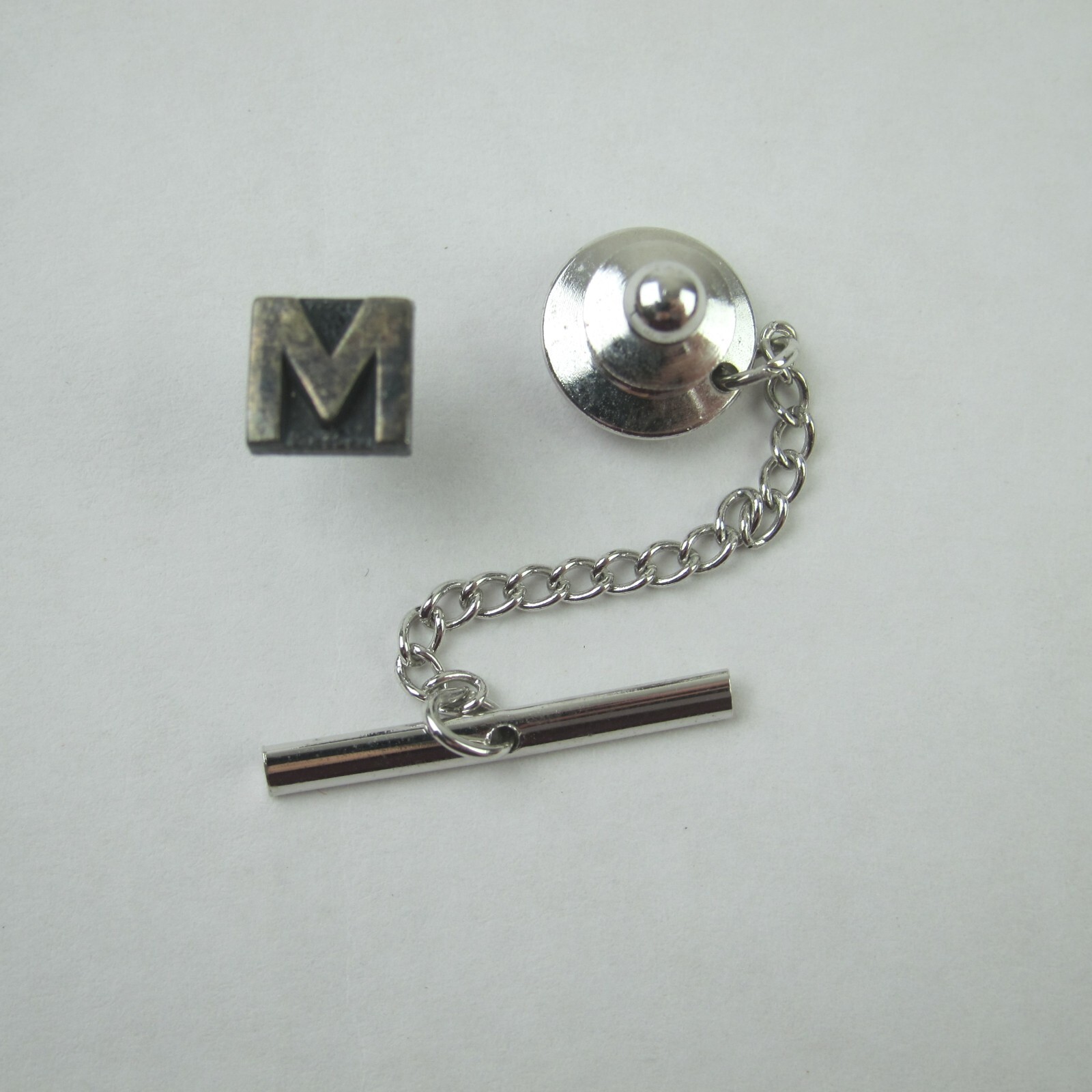 Vintage Monogram Letter M Tie Tack Lapel Pin Silver tone Chain Tie Bar