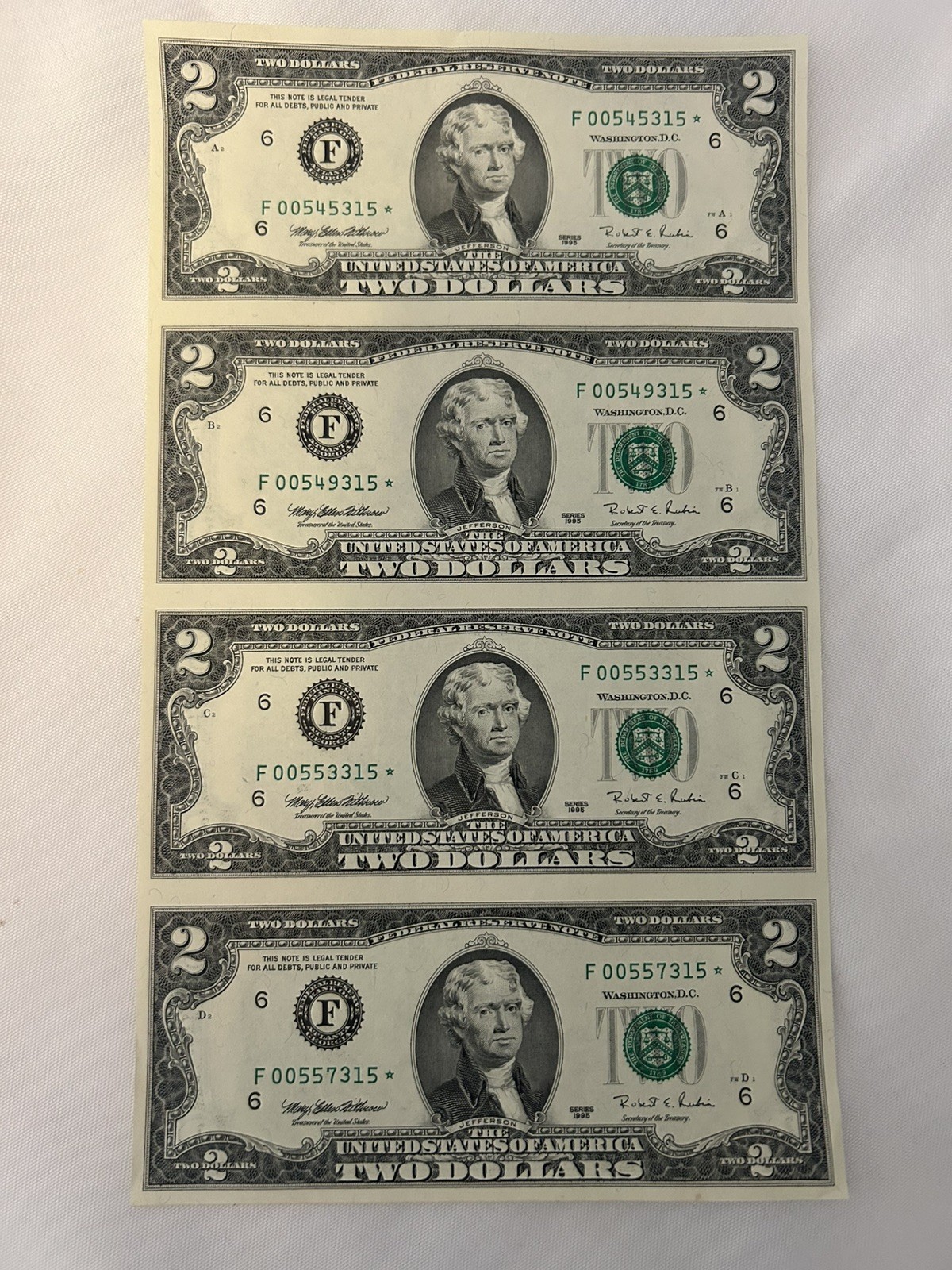 1995 Uncut Sheet Of 4 $2 Two Dollar Star Notes  Atlanta  