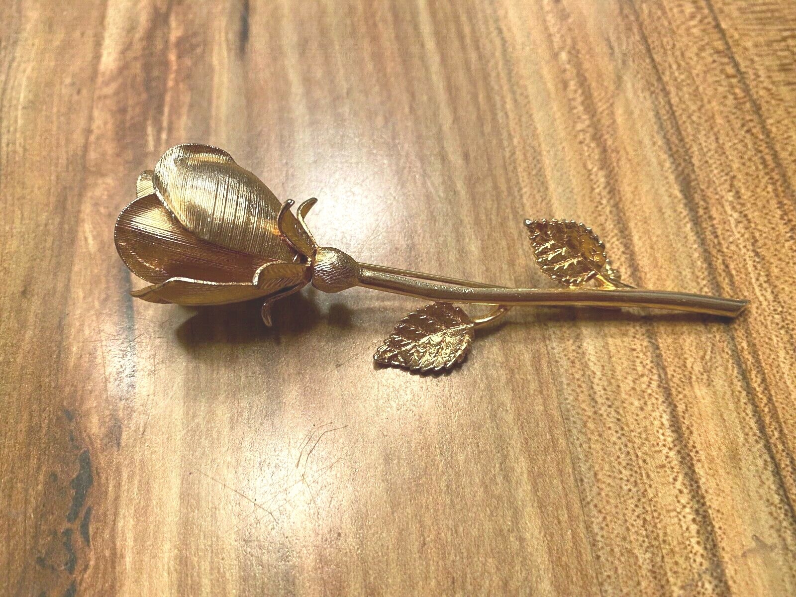 Single Stem Rose Flower Pin Brooch Gold Tone  4" Vintage
