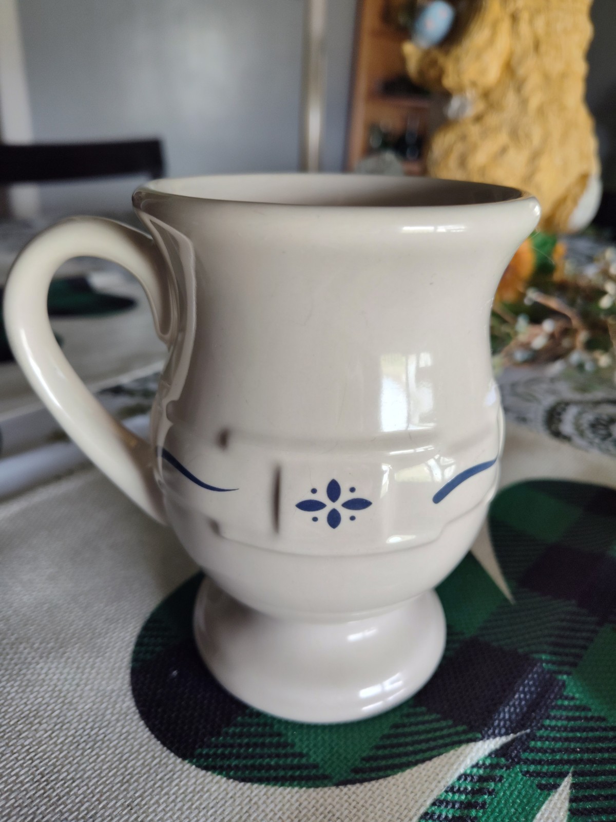 Longaberger Pottery Ceramic Coffee Mug Beige Blue Pattern Glossy Round
