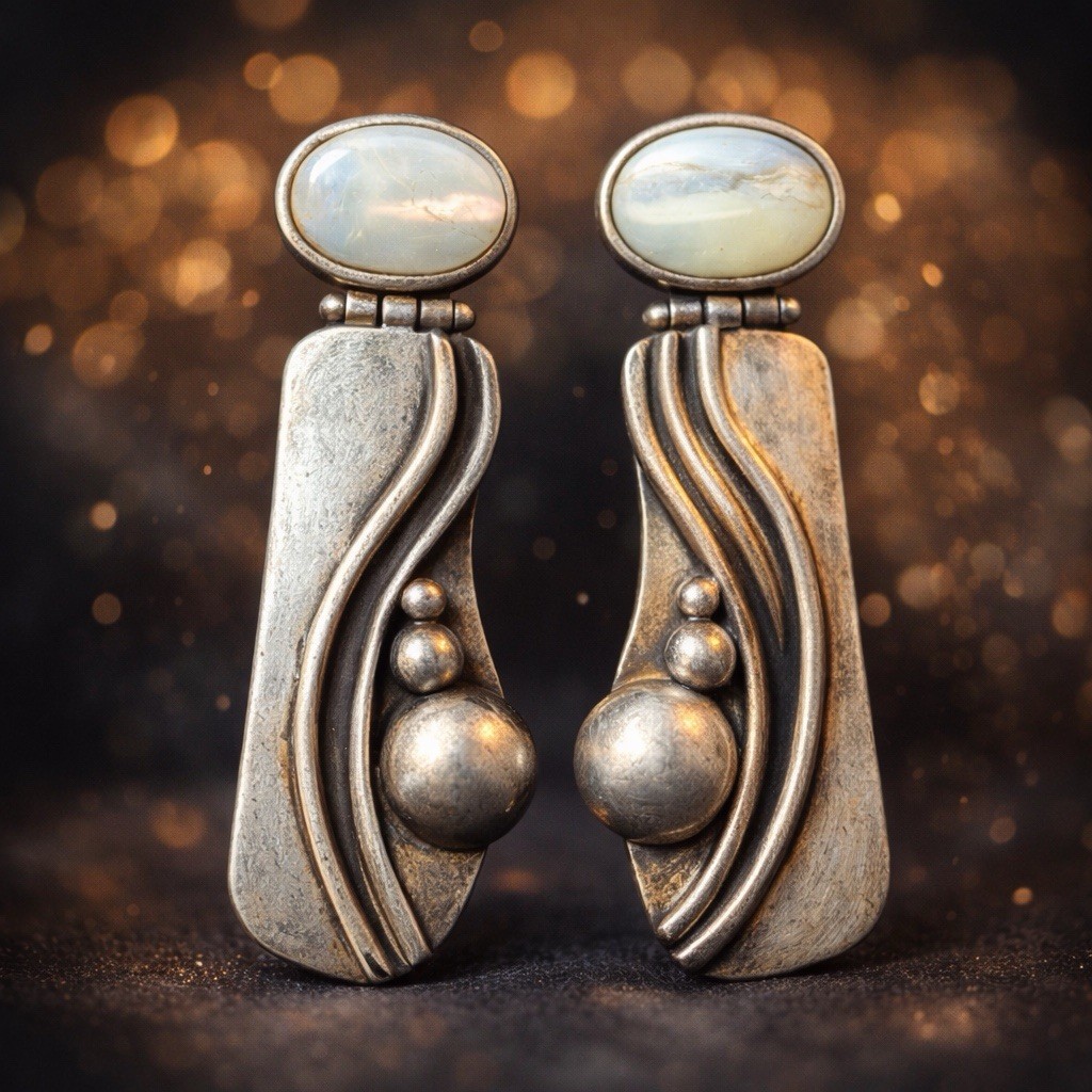 Vintage Modernist Sterling Silver Mother of Pearl Dangle Earrings Brutalist 50’s