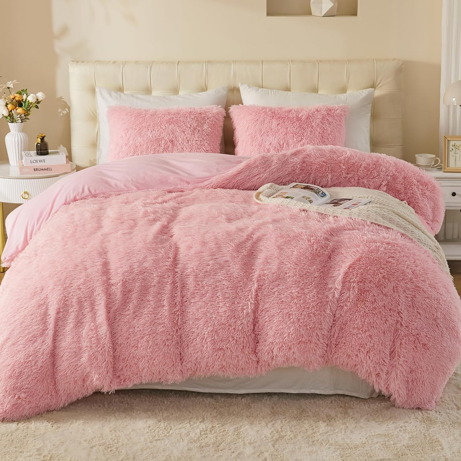 Luxury Fuzzy Duvet Cover Set Queen Size 3 Pieces Pink Fluffy Comforter Cover Set