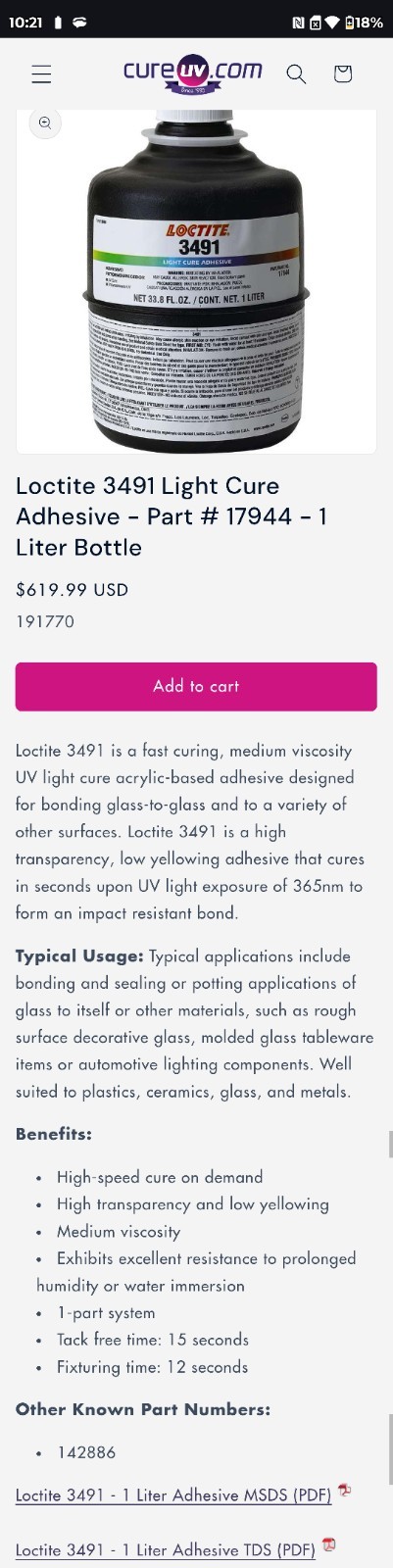 Loctite 3491 Light Cure Adhesive - Part # 11 Liter Regular price$619.99 USD