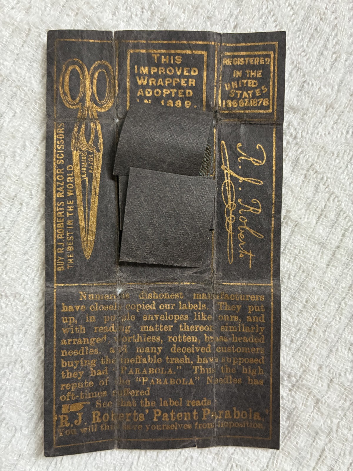 1800s Antique R.J. Robert's Parabola Gold Sharps 6 Ct. Hand Sewing Needles