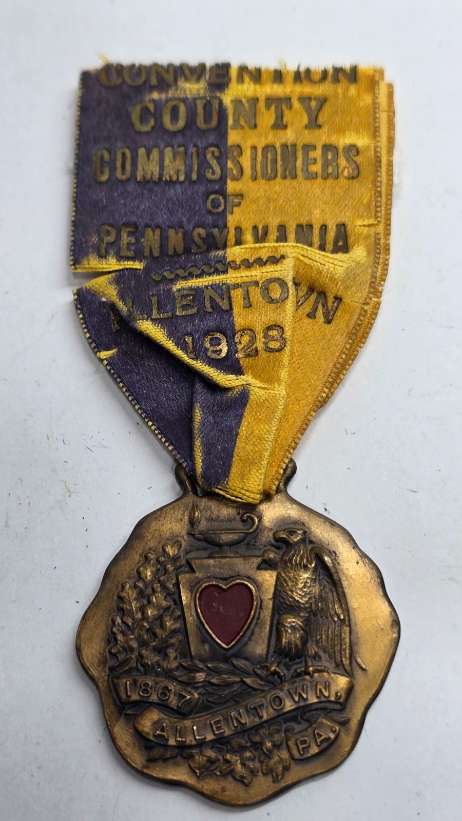 Antique 1928 Medal ALLENTOWN PA County Commissioners Convention Ribbon Whitehead