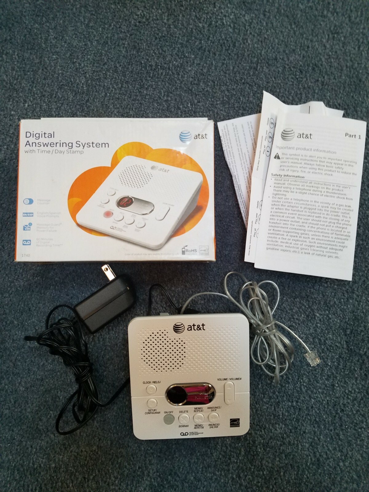 AT&T 1740 Digital Phone Answering Machine System with Time & Day Stamp White 