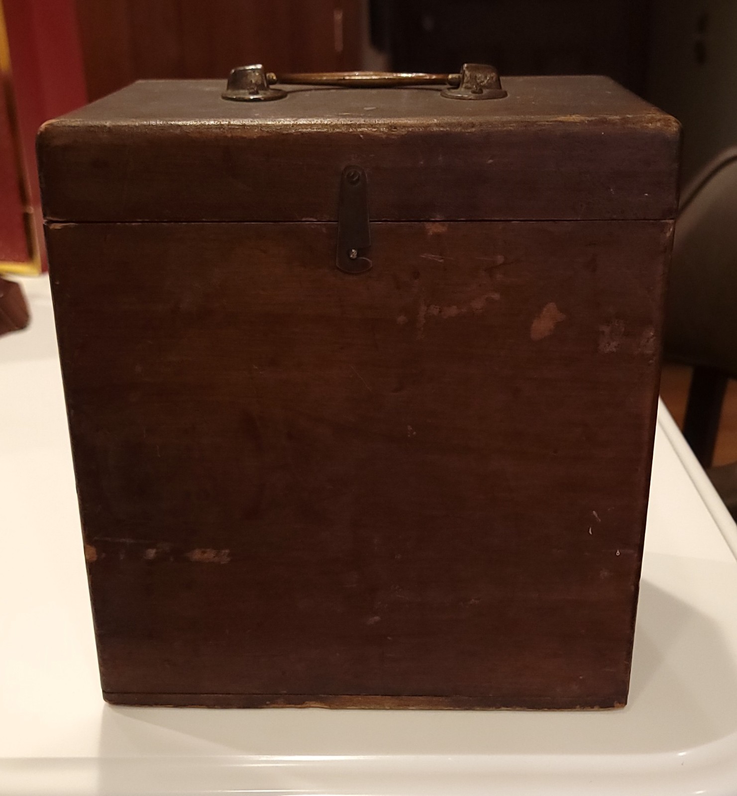 Small antique Wooden Box w/ Lid, hinges, brass handle 9" tall, 8" wide, 6" deep