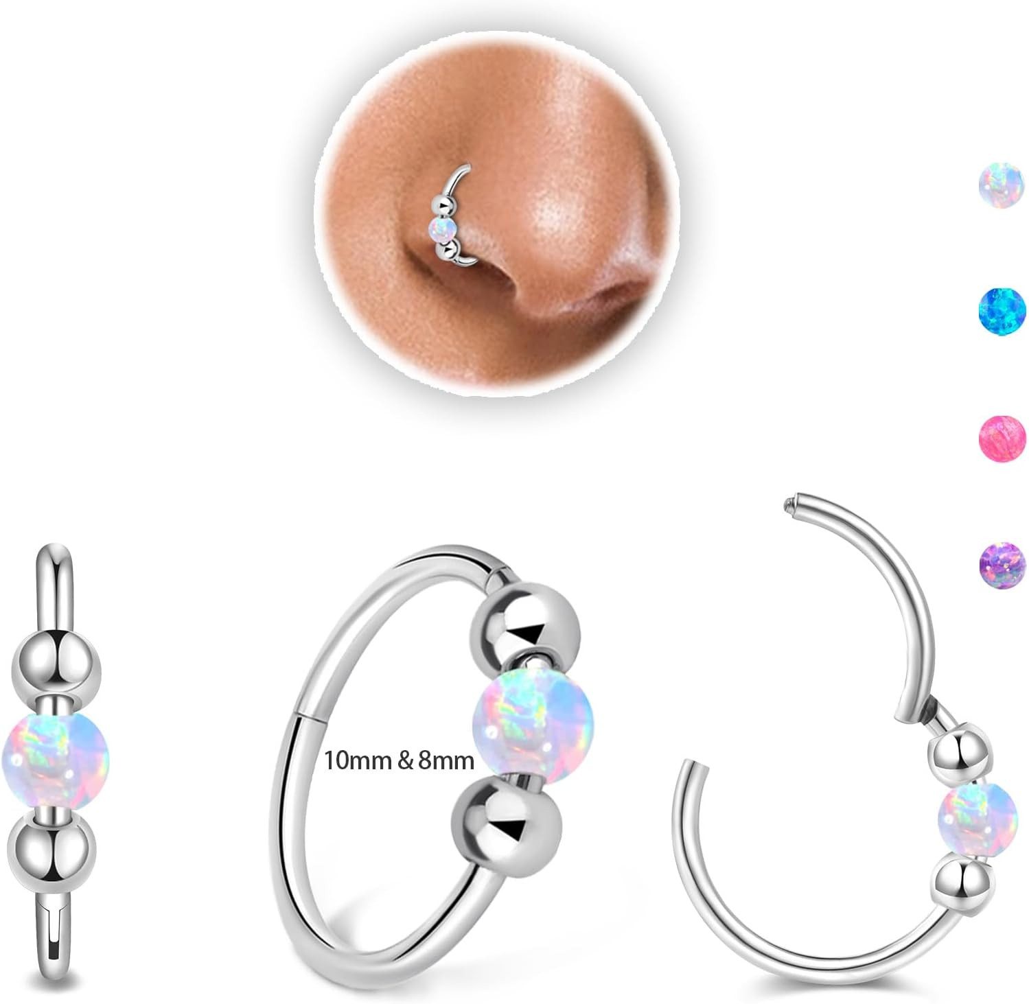 2PCS 18G Opal Nose Rings for Women Nose Hoops 8Mm/10Mm Hypoallergenic 316L Surgi