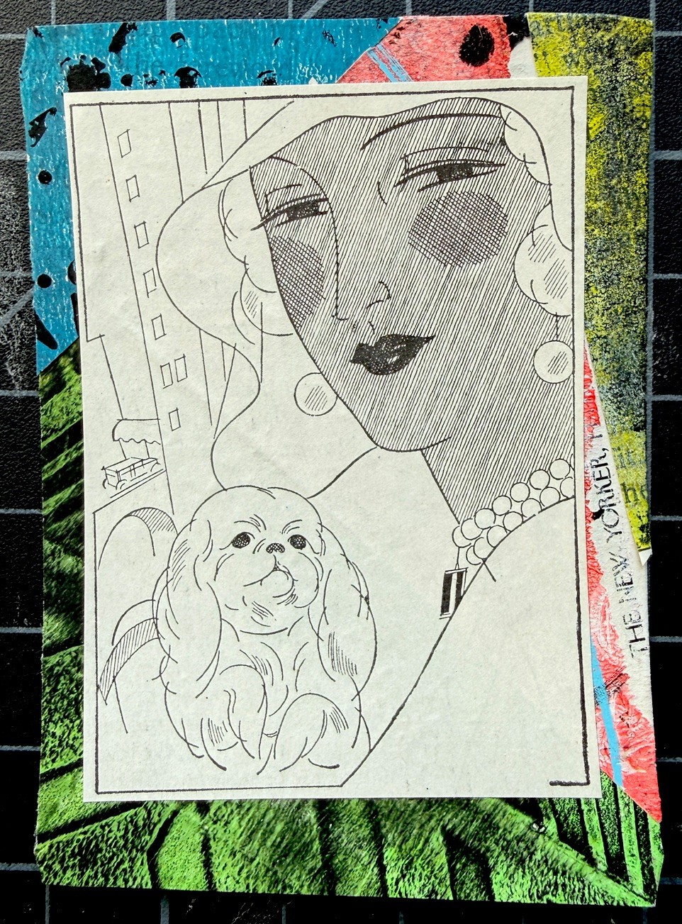 ACEO Mixed Media Collage Gel Print Lady Dog Art – New Yorker - OOAK Signed