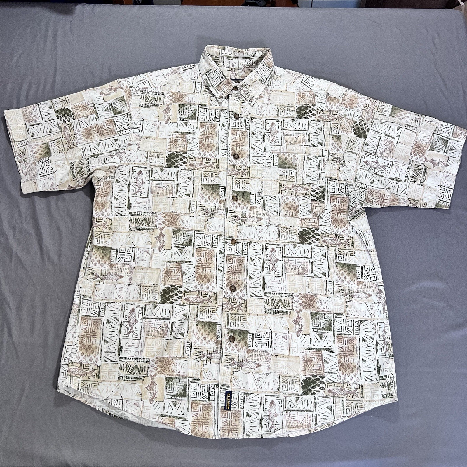 Woolrich Brown Outdoor Design Short Sleeve Button Shirt - Mens XL, Fish