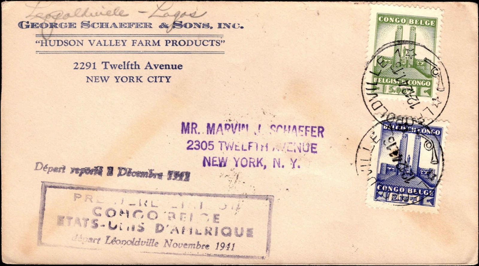 Belgian Congo 1941 Leopoldville First Air Mail Congo–USA Cover