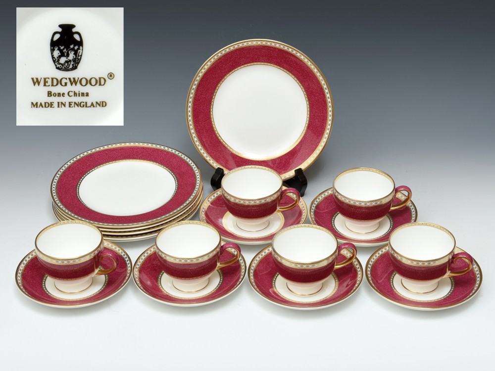 WEDGEWOOD "ULANDER" Powder Ruby Trio Set of 6 Cups Saucers Cake Plate