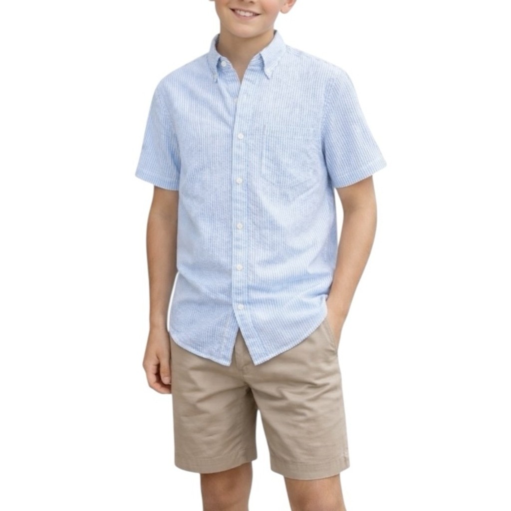 J.Crew Crewcuts Seersucker Button Down Shirt Youth 14 Blue White Stripe Cotton