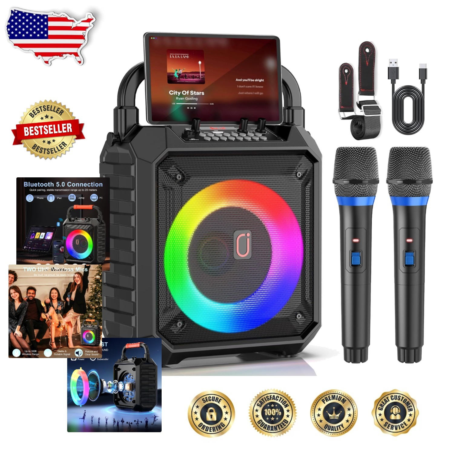 Pro Karaoke Machine: 30W Bluetooth 5.3 Speaker, 2 Mics, DJ Lights, Portable