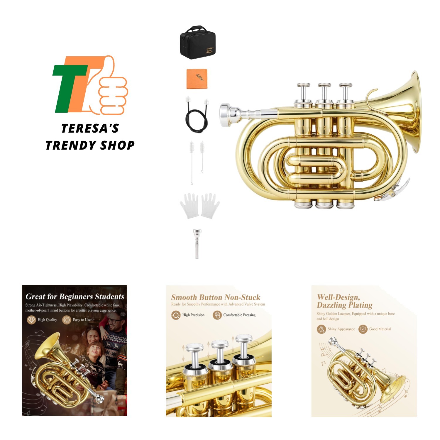Pocket Trumpet B Flat Brass Bb Pocket Trumpet with Mouthpiece 7C, Cleaning Cl...