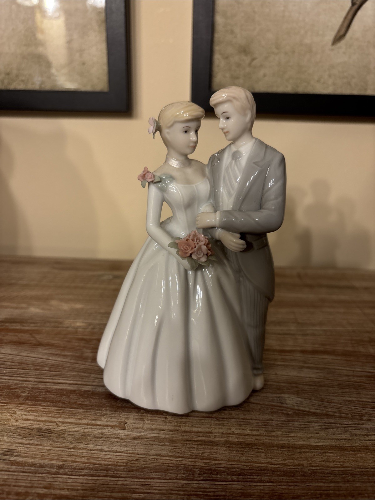 Porcelain Wedding Topper Vintage White Grey Pink Roses 6” Bride Groom 1990s