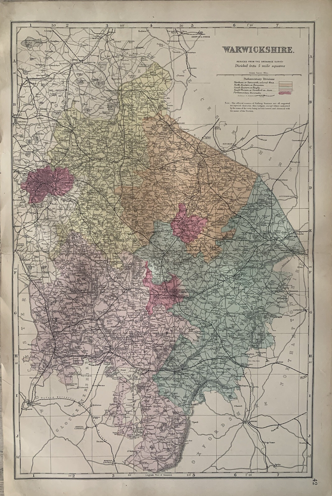 1883 Warwickshire Hand Coloured Original Antique County Map by G.W. Bacon