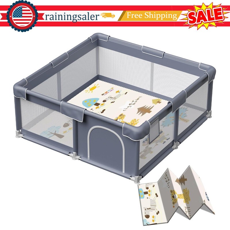 Baby Playpen Play Yard W/ Mat & Anti-Slip Suction Cup Waterproof Safety Gate NEW