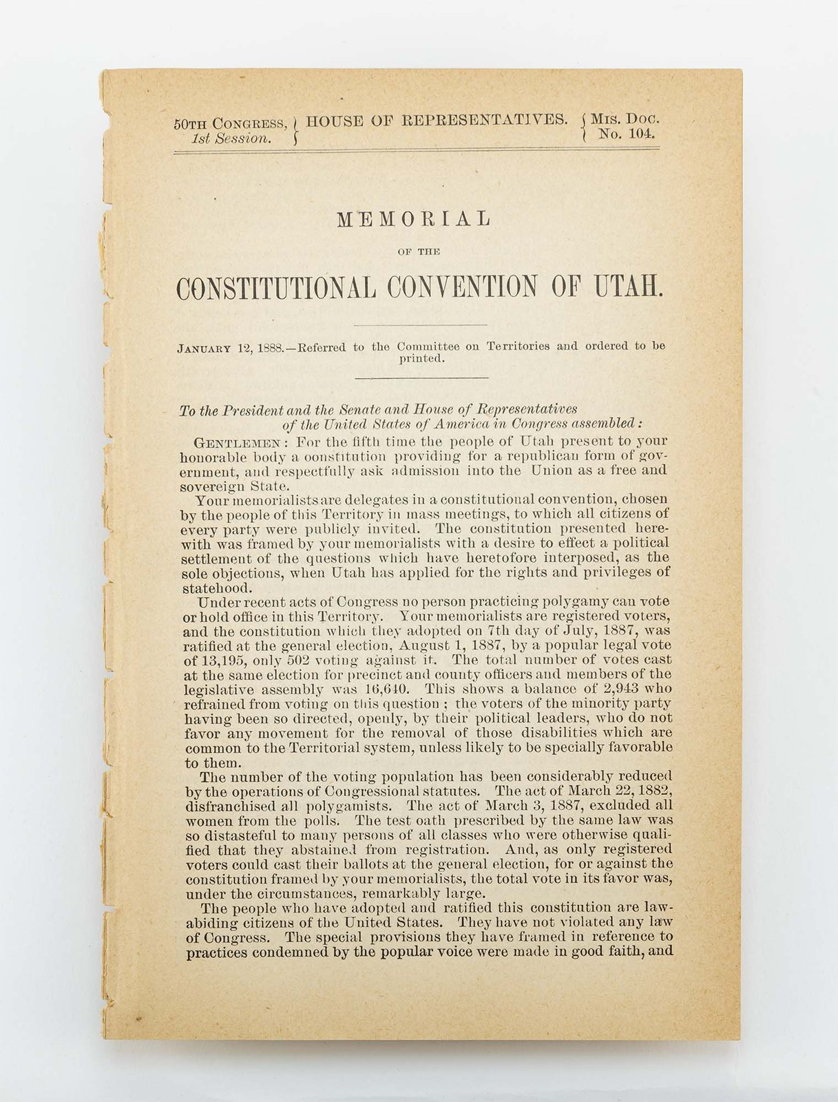 [Mormons – Mormonism] – Memorial of the Constitutional Convention of Utah – 1888