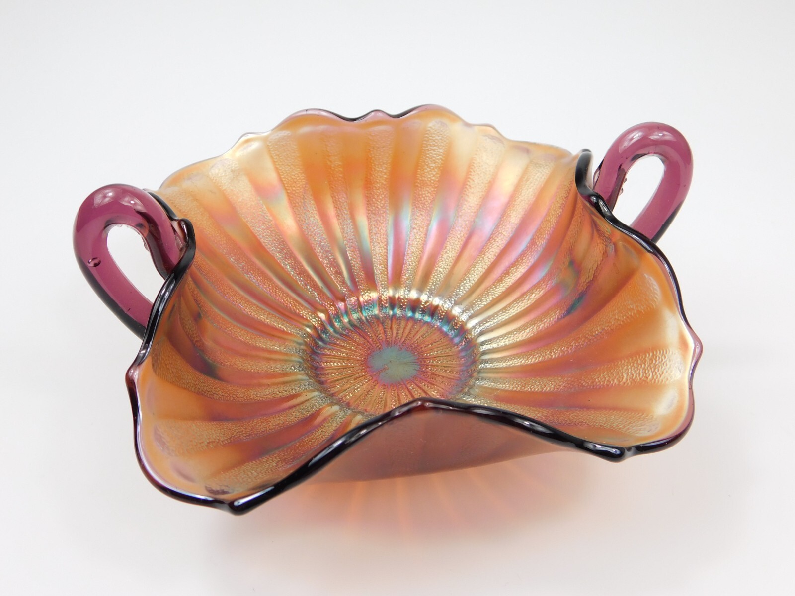 VTG Fenton Stippled Rays Purple Carnival Two Handled Square Bon Bon Dish 6.5"