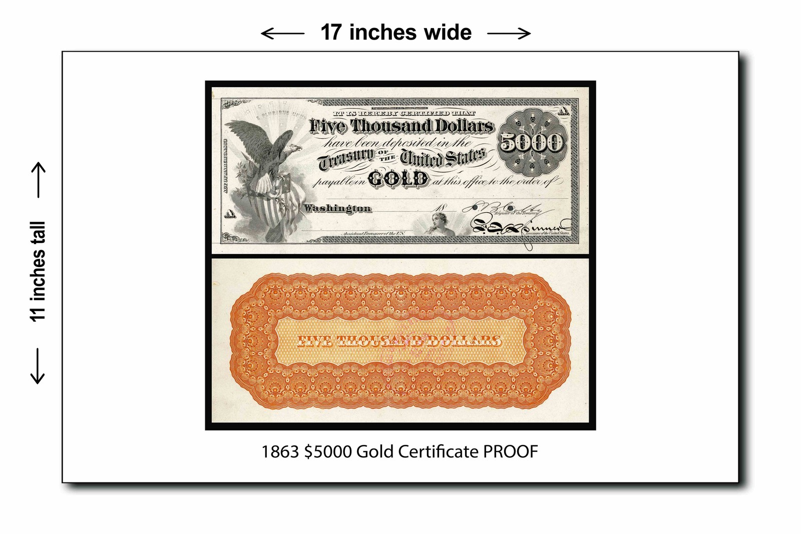 1863 $5,000 Gold Certificate PROOF - 11x17 Poster