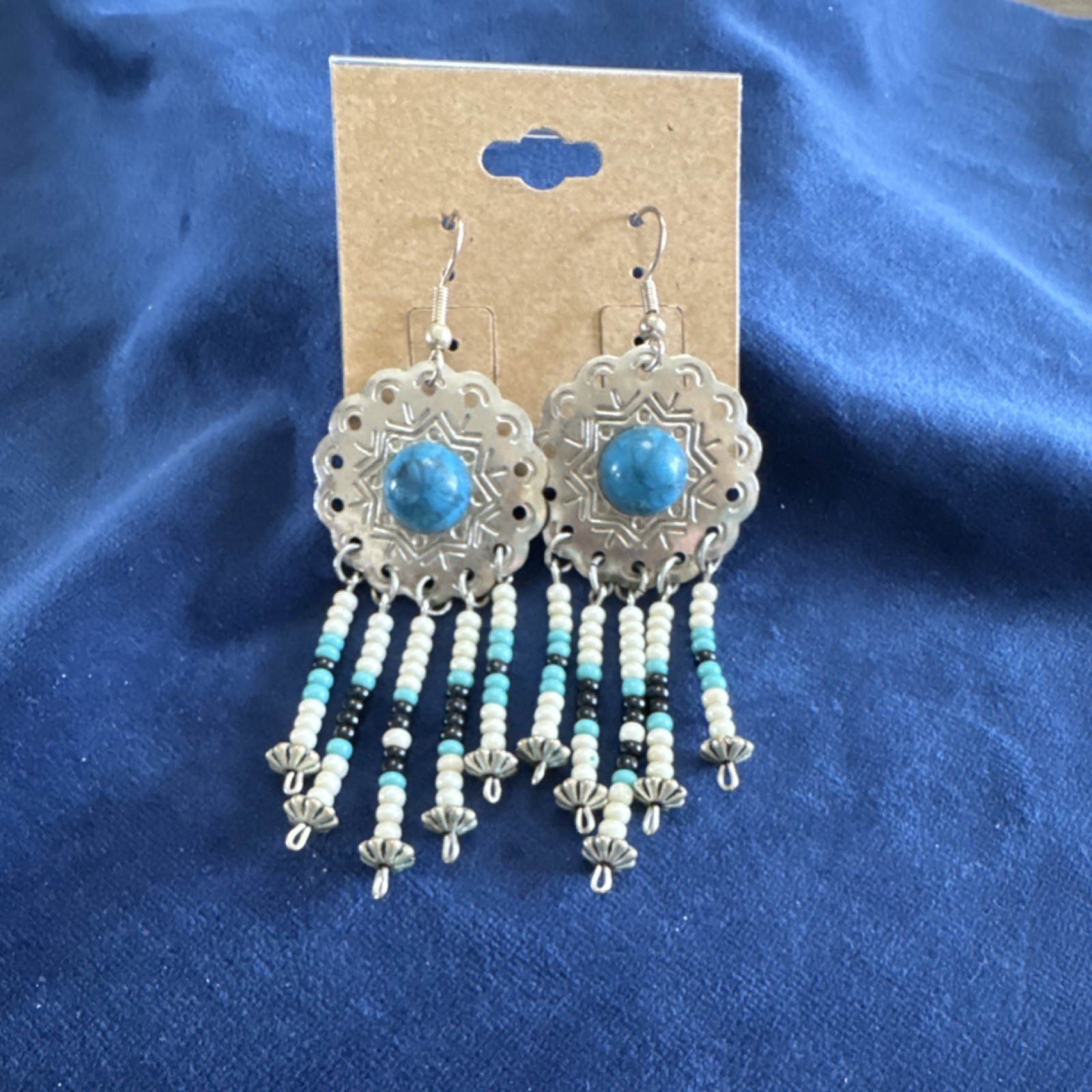 Native American Style Silver Tone Turquoise Beaded Dangle Drop Earrings