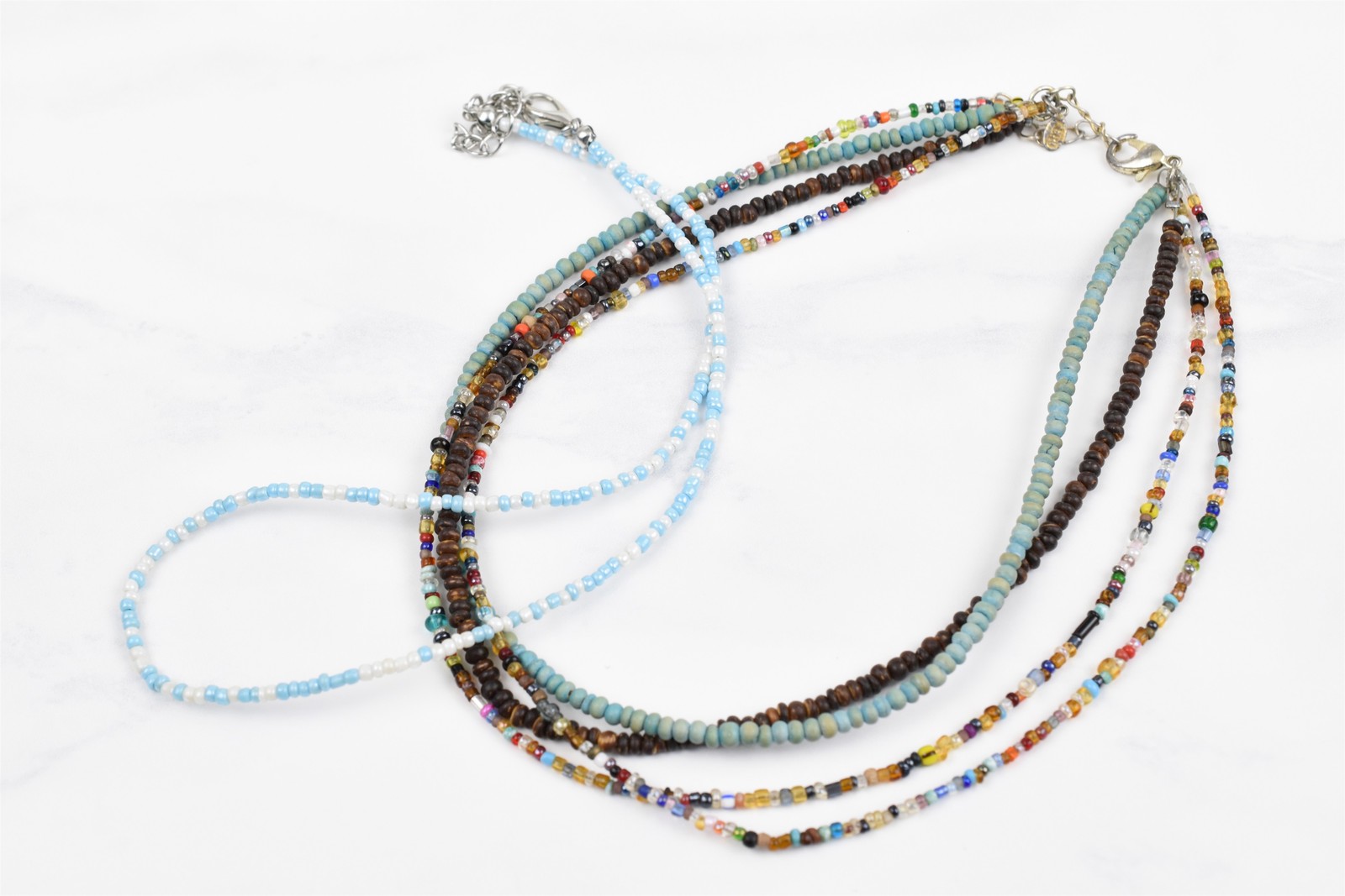 Handmade Studio 2pc Micro Bead Necklace Lot Turquoise Wood Glass + White Beads