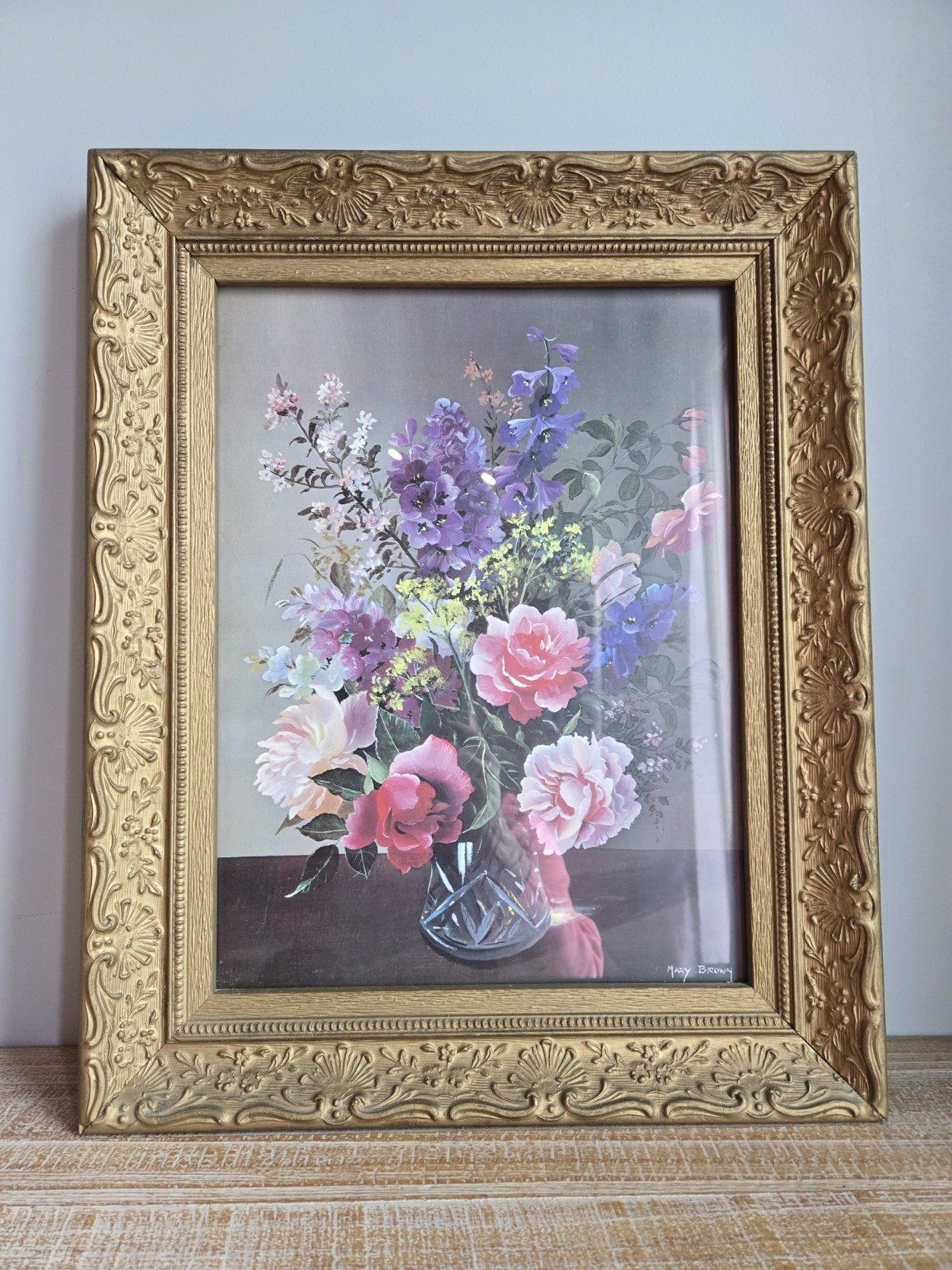 Vintage Gold Wooden Picture Frame Ornate Floral Baroque 16x20 w/ Glass & Print