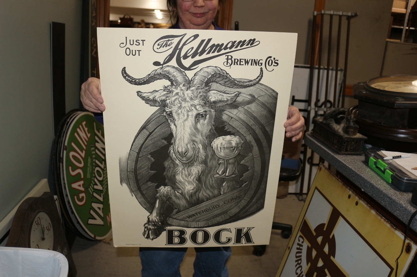 Vintage The Hellmann Brewing Co. Bock Beer Waterbury Conn. 24" Poster Print Sign