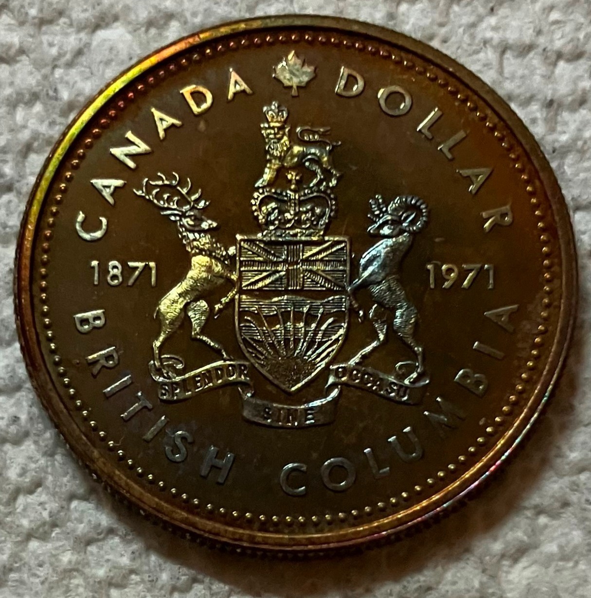 1971 CANADA - $1 DOLLAR - BRITISH COLOMBIA - .375 Oz BU SILVER - RAINBOW TONING